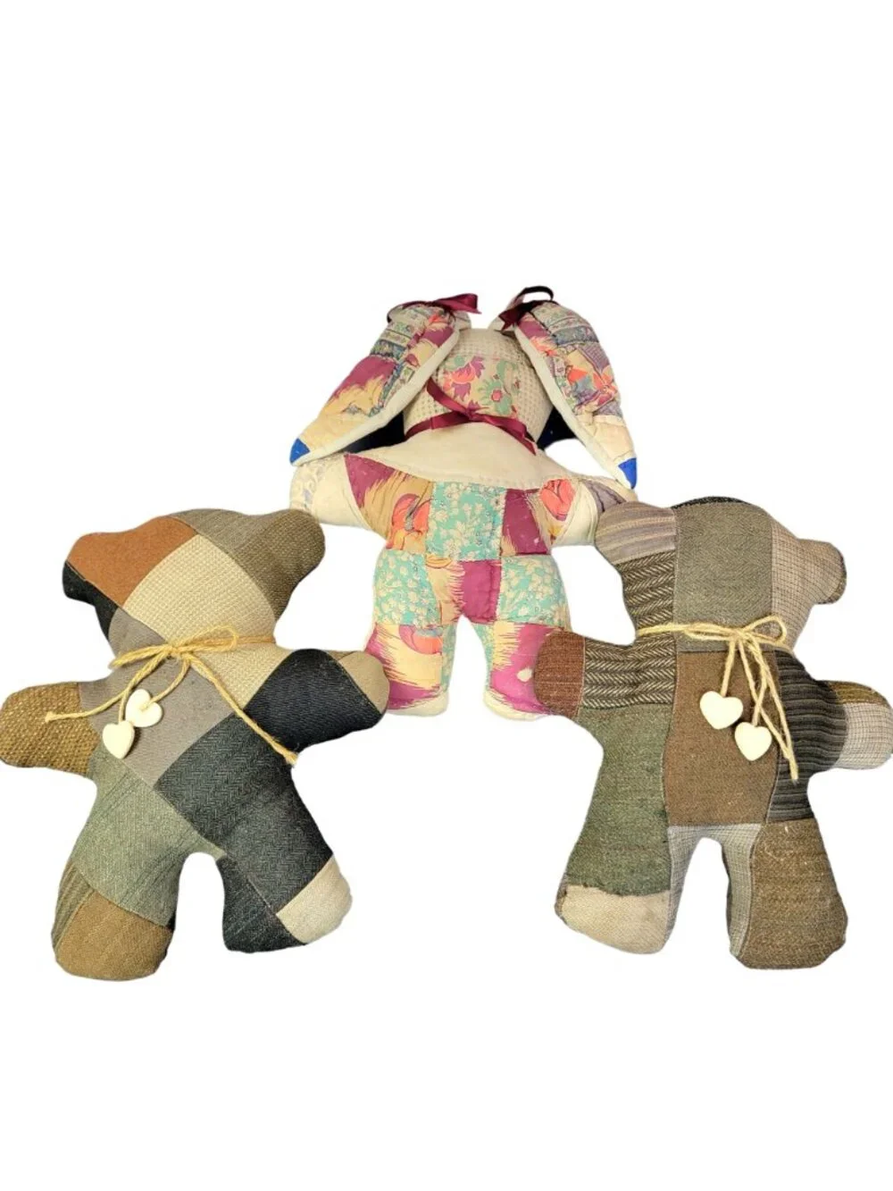 Vintage 70s Handmade Quilt Stuffed Animals Lot Child Bear Bunny Brown Pink Toys